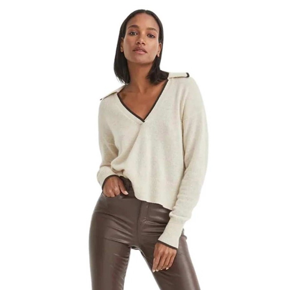 Veronica Beard 100% Cashmere Polo V-Neck Sweater Cream Black Trim Size Small